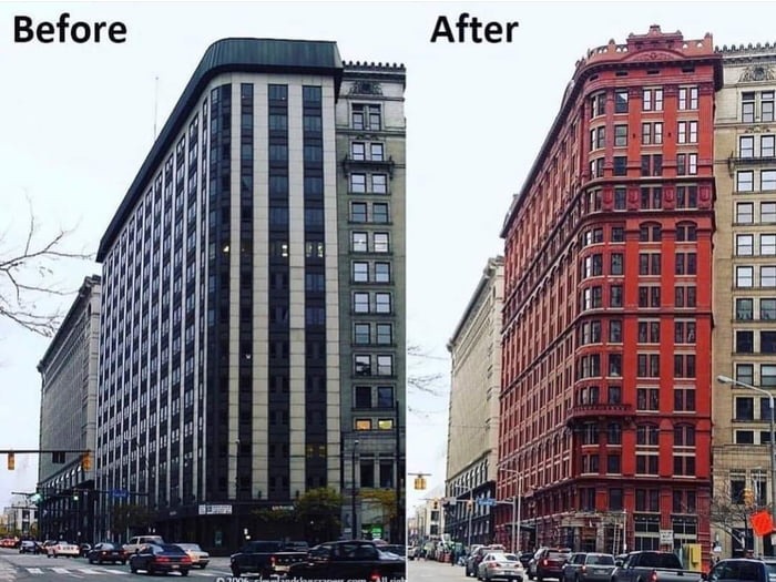 The Schofield Building. The Building was modernized in the 1960’s, on the left, and restored to its original appearance in 2016. Beautiful. - meme