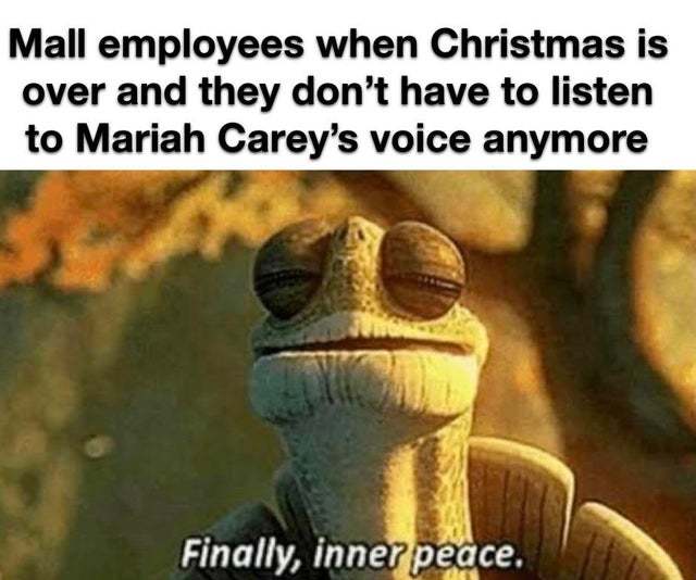 Mall emplyees when Christmas is over and they don't have to listen to Mariah Carey's voice anymore - meme
