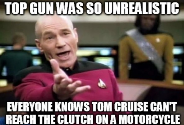 funny meme of Tom Cruise's height riding a motorcycle in Top Gun 2