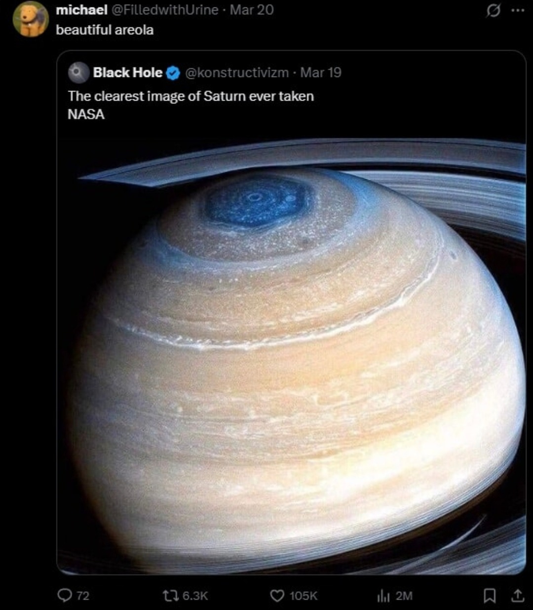 Saturn’s areola just dropped and it’s stunning - meme