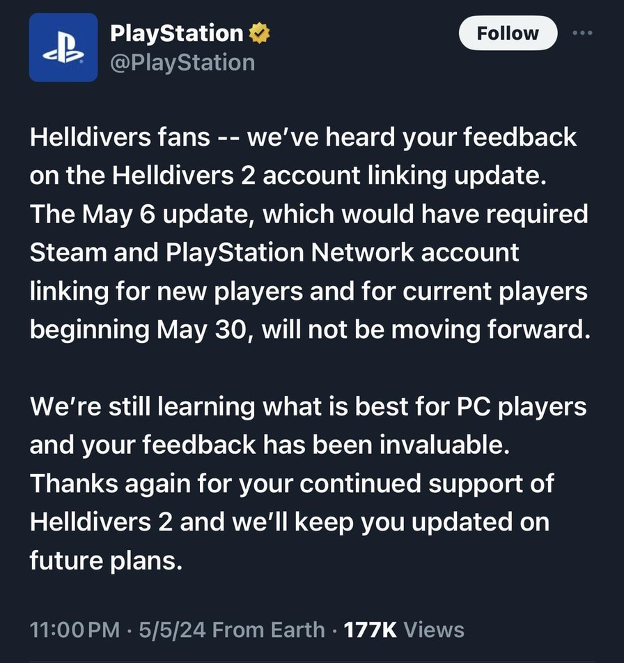 PlayStation says they won't be going ahead with the account linking update for Helldivers 2 as planned - meme