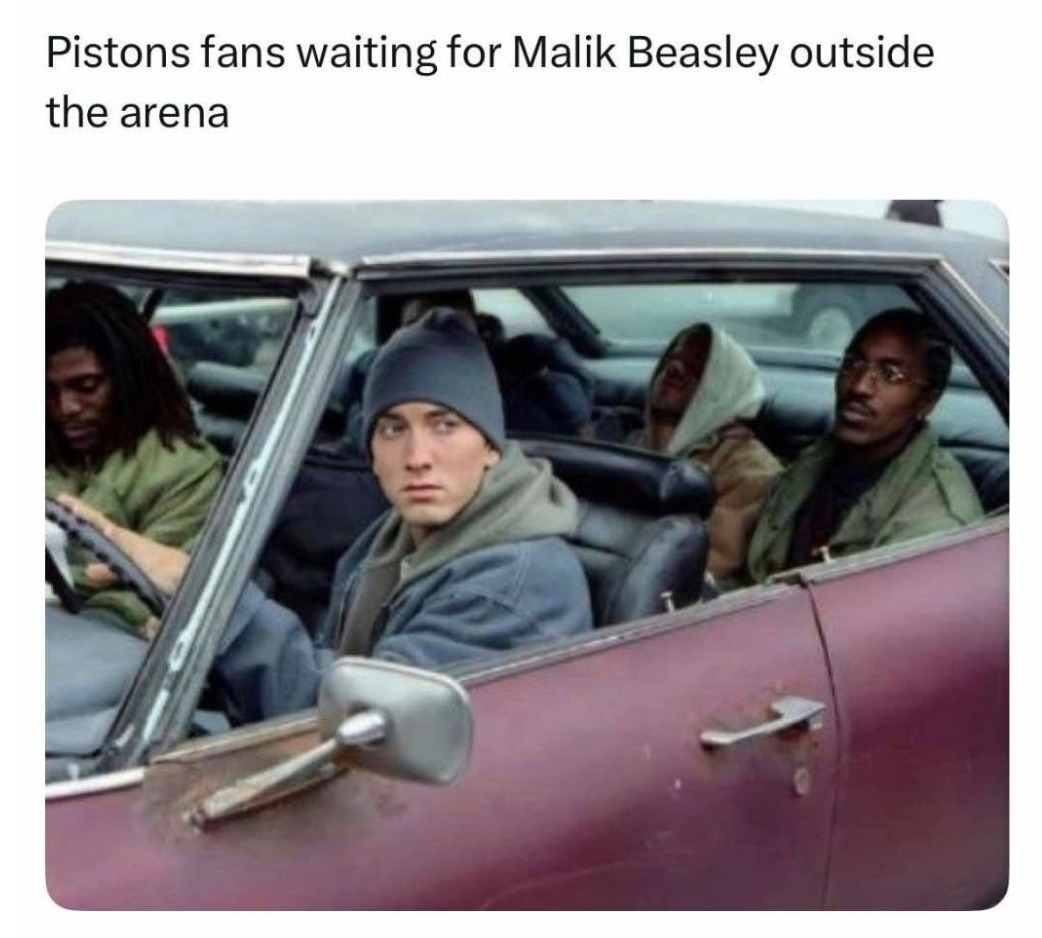 Pistons fans outside like it's about to be Malik Beasley vs Detroit - meme