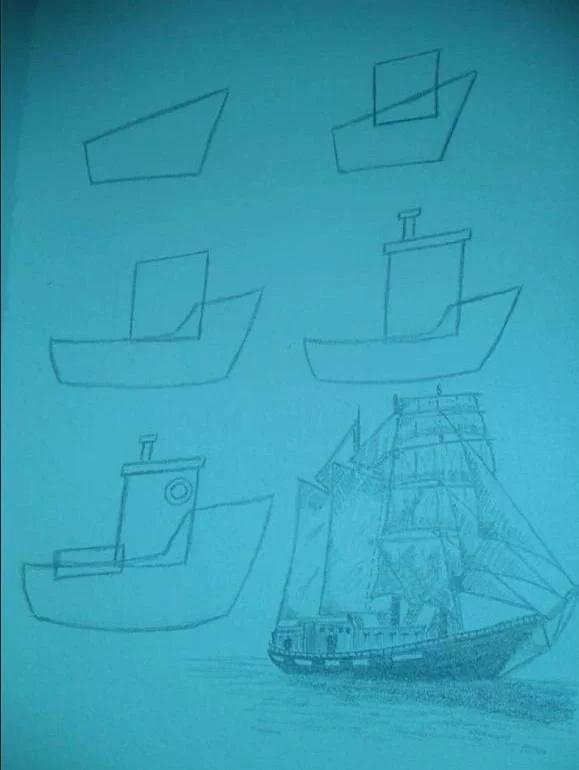 Six easy steps to draw a ship - meme