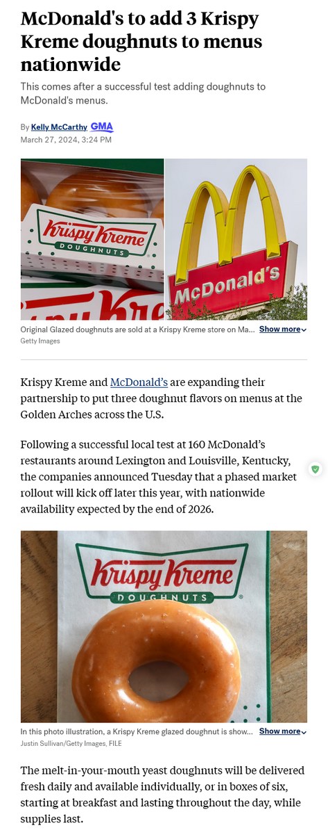 McDonald's to add 3 Krispy Kreme doughnuts to menus nationwide - meme