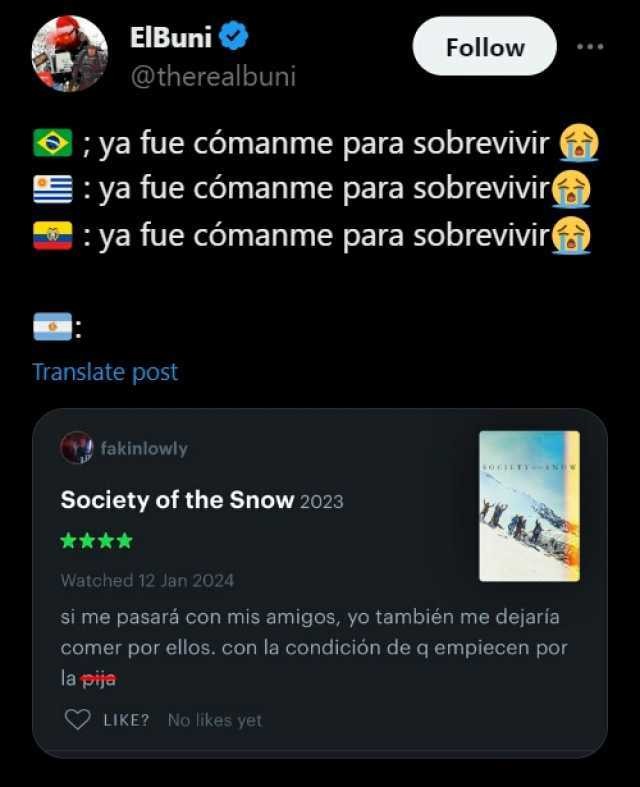 Review de La sociedad en la nieve - meme