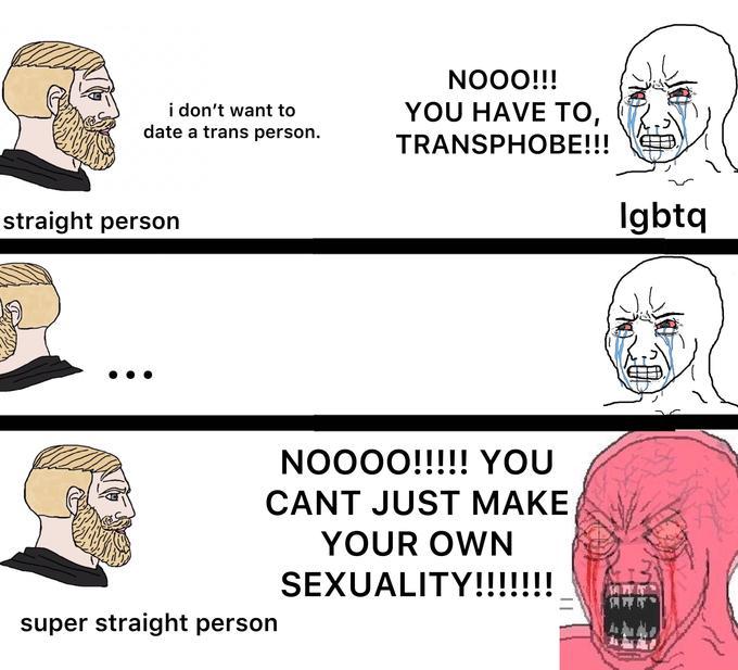 I was chatting on a discord, when someone mentioned being super straight is transphobic. I asked why, they said that super straight people don't think trans women/men aren't real women/men. wtf, we just don't want to date em. - meme