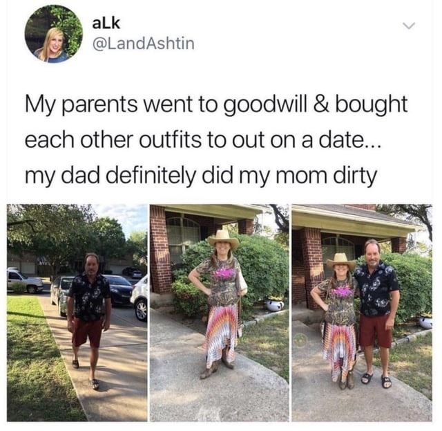 Parents thrift each other's outfits. Mom got roasted - meme