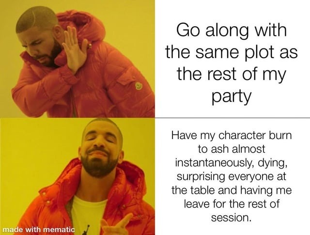 I burn to ash mid-session and ghost the whole group - meme