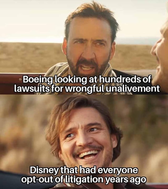 Boeing lawsuits vs Disney lawsuit - meme