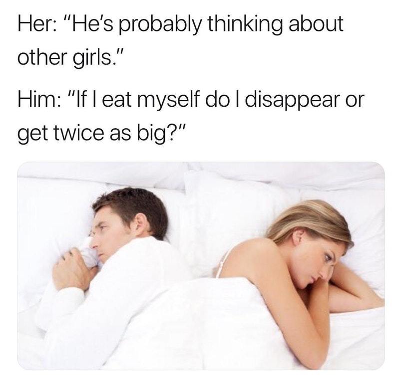 If I eat myself do I disappear or get twice as big? - meme
