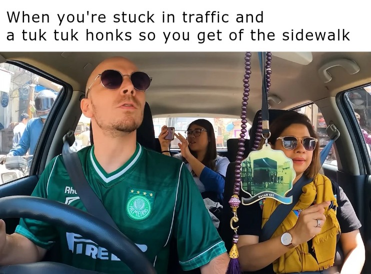 Jetlag warriors stuck in traffic in Pakistan - meme