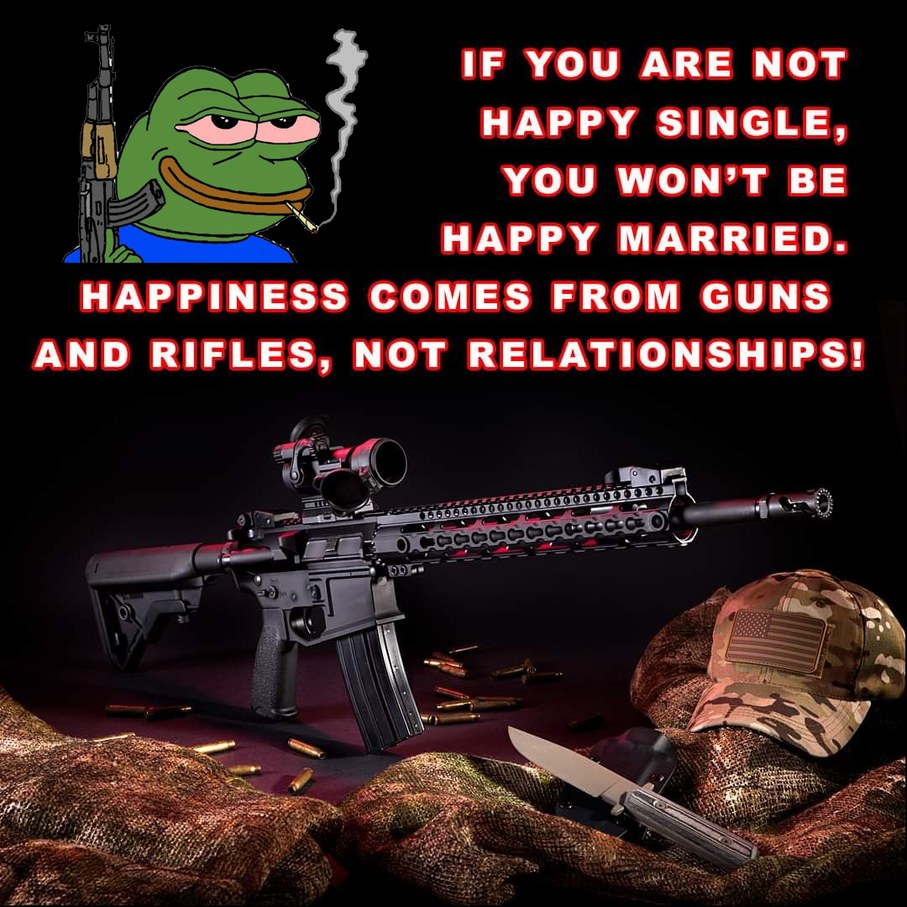 If you are not happy single, You won't be happy married. Happiness comes from guns and rifles, not relationships. Pepe Knows. - meme