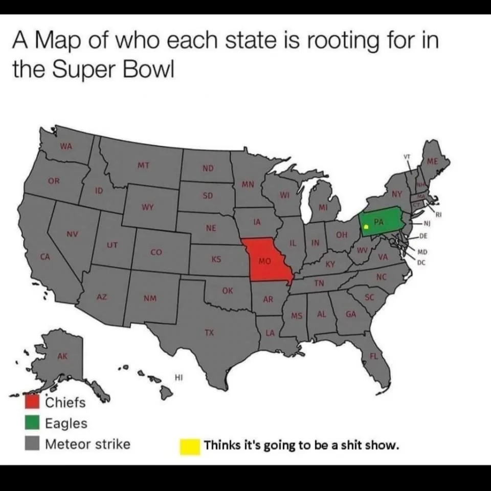 A map of who each state is rooting for in the Super Bowl 2023 - meme
