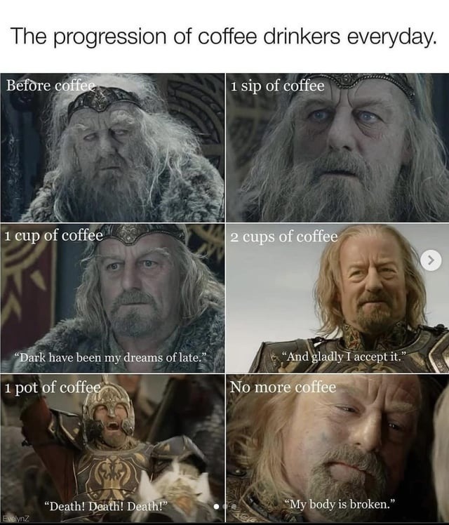 Coffee progression: sip, cup, pot, existential crisis - meme