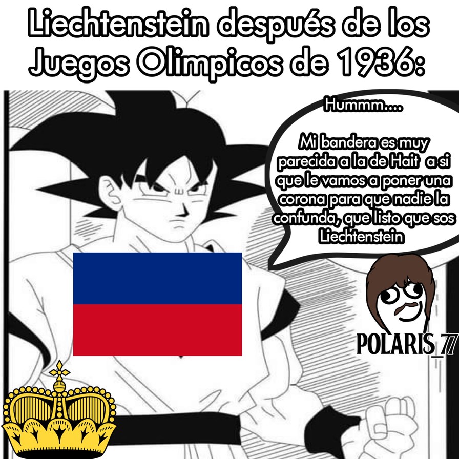 Liechtenstein es un pequeño país entre Austria y Suiza y cuando partícipo en los juegos olímpicos de 1936 vieron que su bandera era muy parecida a la de Haití así que los gobernantes le pusieron una corona - meme