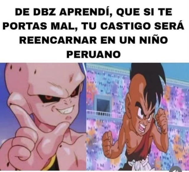 Aprendí en DBZ que portarse mal te reencarna como niño peruano - meme