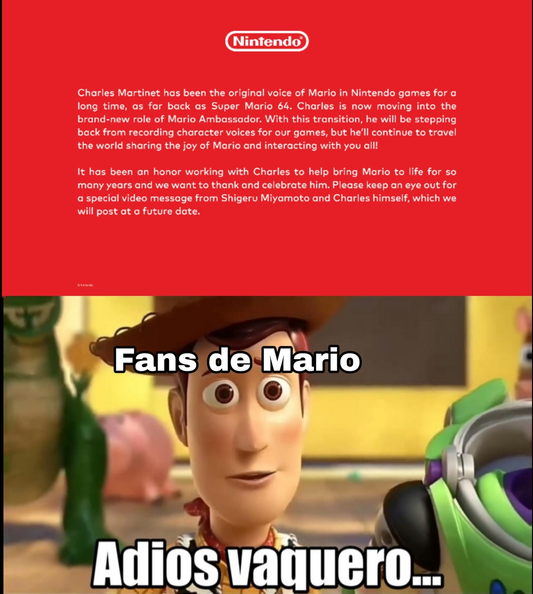 Contexto: Charles Martinet (el actor de voz de Mario y otros personajes) se retiró y la gente anda triste - meme