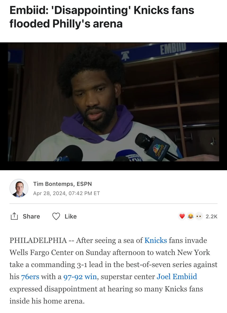 Embiid: 'Disappointing' Knicks fans flooded Philly's arena - meme