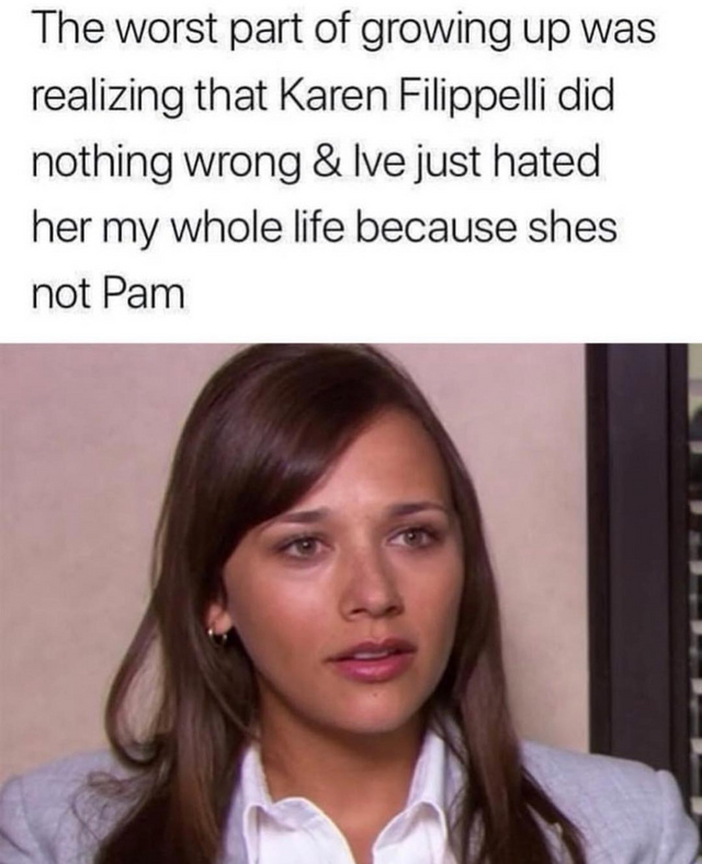 The worst part of growing up was realizing that Karen did nothing wrong and I've just hated her because she is not Pam - meme