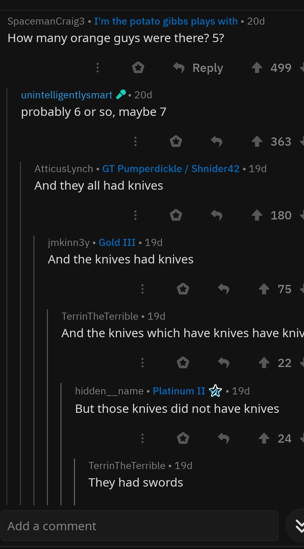 Knives with knives with knives that have.... SWORDS! - meme