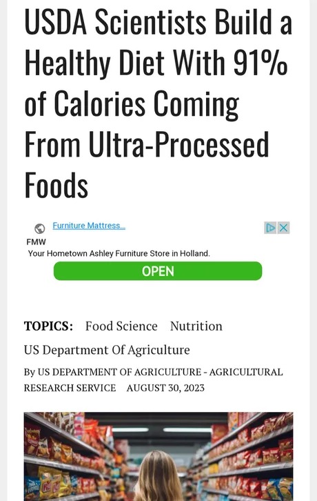 Healthy diet with 91% of calories from ultra processed foods - meme