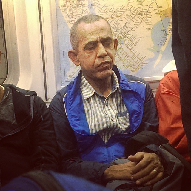 Obama from the future on the subway. - meme