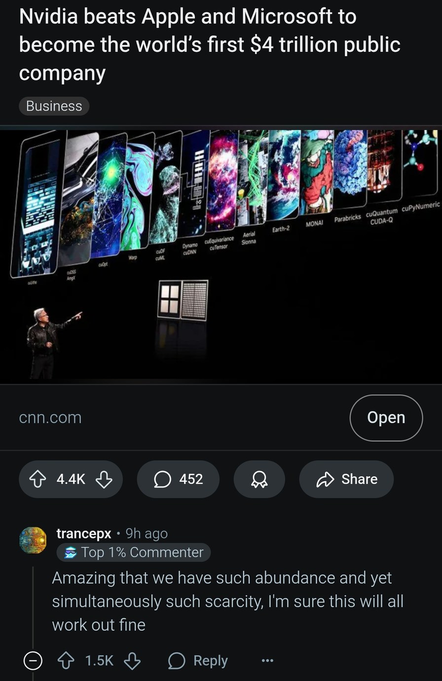 NVIDIA beats Apple and Microsoft to $4T club - meme