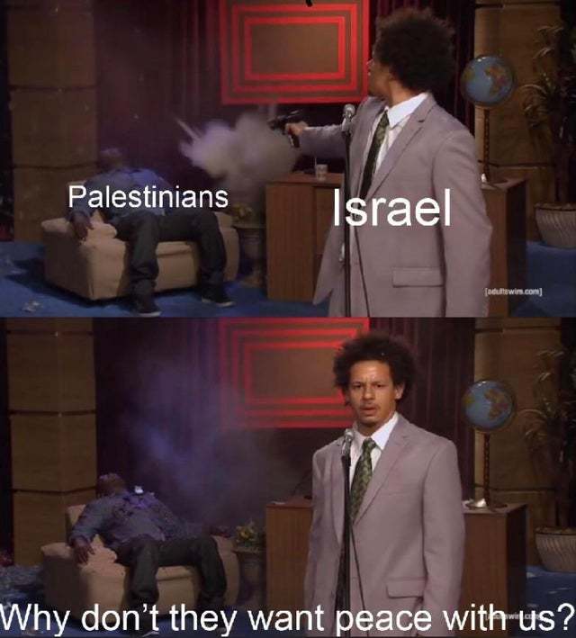 Both did bad things to one another but Israel started it, and is still doing it. - meme