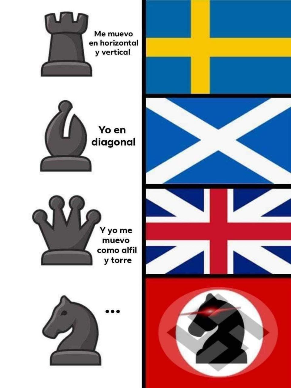 Movimientos de las figuras del ajedrez explicados con banderas - meme