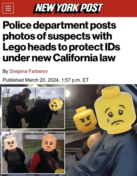 Police using Lego heads to protect IDs - meme