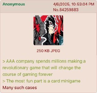 AAA game: costs millions, highlight is a card minigame - meme