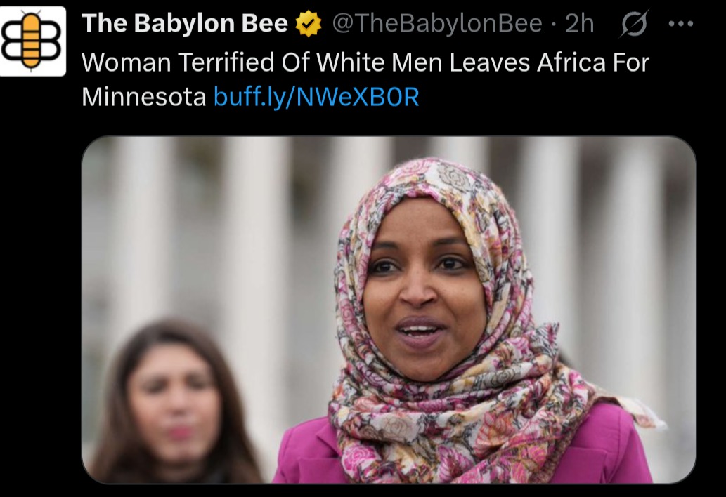 ﻿The Babylon Bee @TheBabylonBee 2h Woman Terrified Of White Men Leaves Africa For Minnesota buff ly/NWeXBOR
