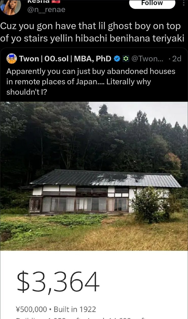 You can buy abandoned houses in Japan for a few thousand bucks... who’s in? - meme