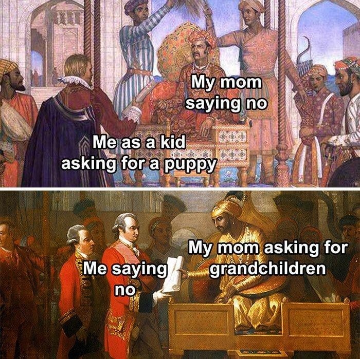 Me as a kid begging for a puppy vs my mom now begging for grandkids - meme