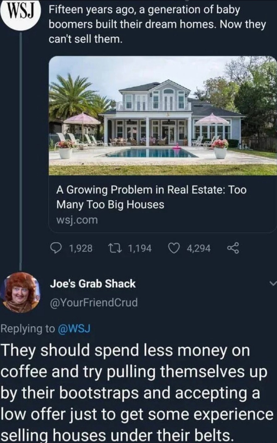 Baby boomers built mega mansions and now can't sell em - meme