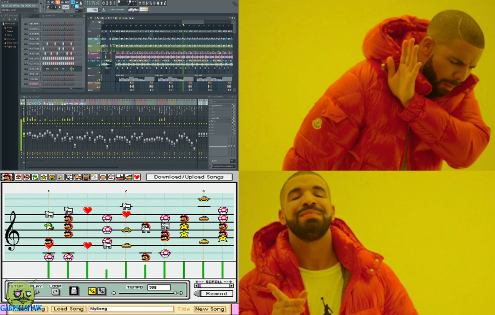 Top image: FL Studio 12 (professional music composing software) Bottom image: Mario Paint Composer - meme