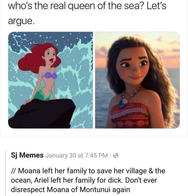 The real queen of the sea: Ariel vs Moana - meme