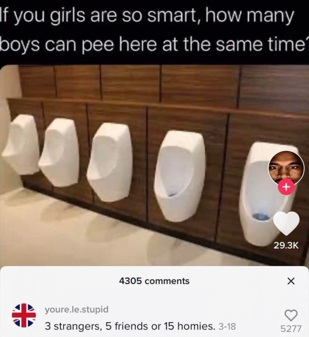 How many boys can pee here? Depends on their bond - meme