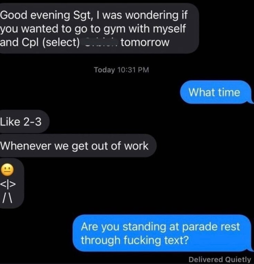 bro is literally standing at parade rest in a text convo - meme