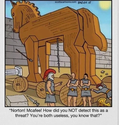 Norton & McAfee watching the virus install itself like NPCs - meme