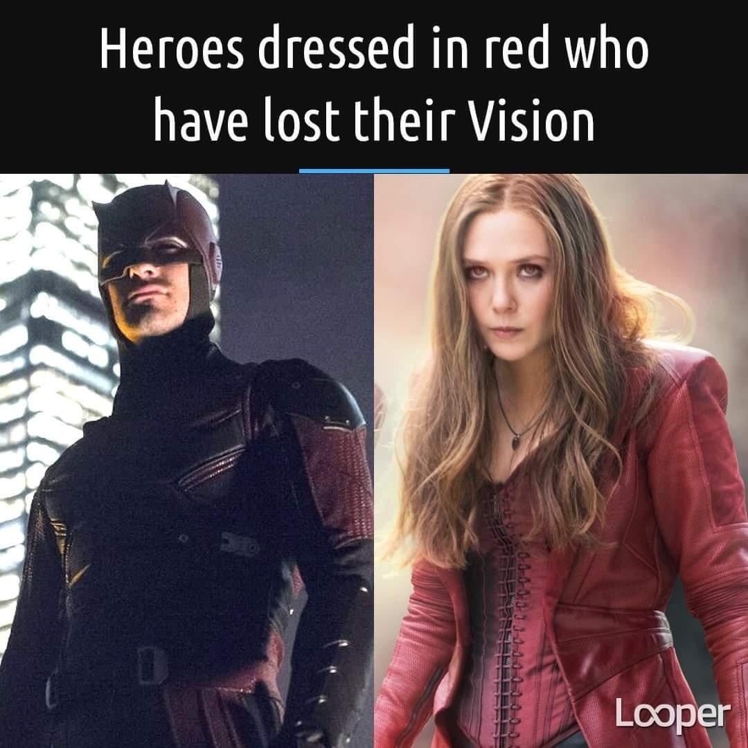 Heroes dressed in red who lost their vision? Someone didn't think this through, did they? - meme