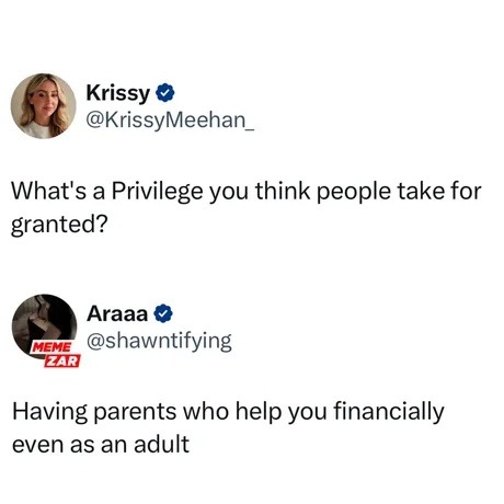 ﻿Krissy @KrissyMeehan_ What’s a Privilege you think people take for granted? Araaa MEME @shawntifying E Having parents who help you financially even as an adult