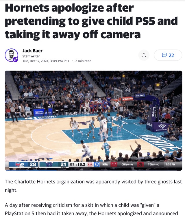 can't be real lol, Hornets apologize after pretending to give Child PS5 and taking it away off camera - meme