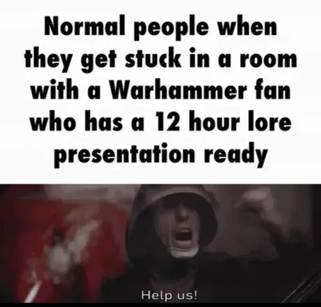 Normal people stuck with a Warhammer fan for 12 hours of lore help us - meme