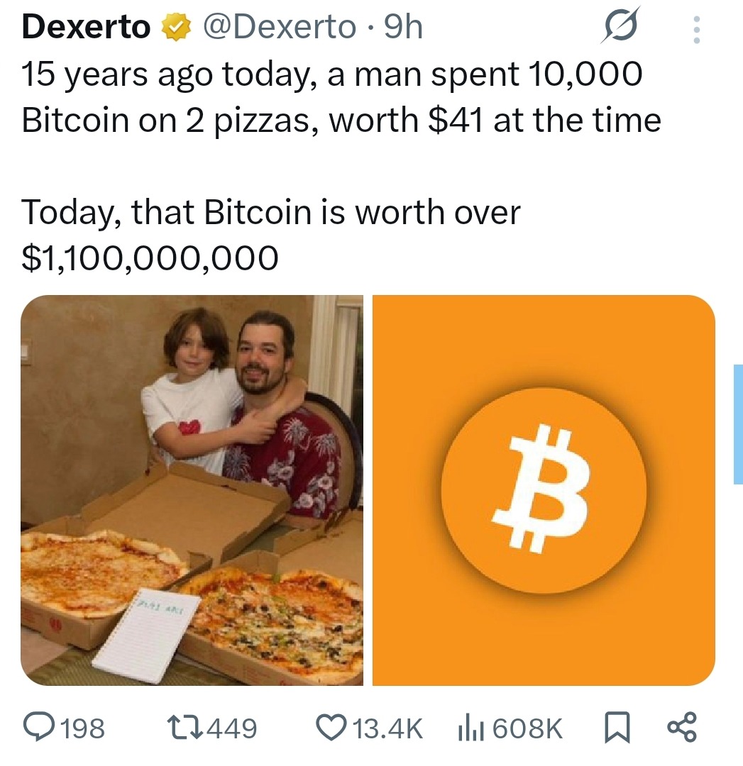 10,000 Bitcoin for 2 pizzas. $1.1B later, still hungry - meme