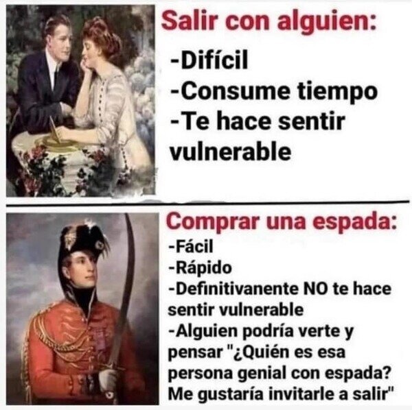 Salir con alguien vs comprar una espada: gana la espada - meme