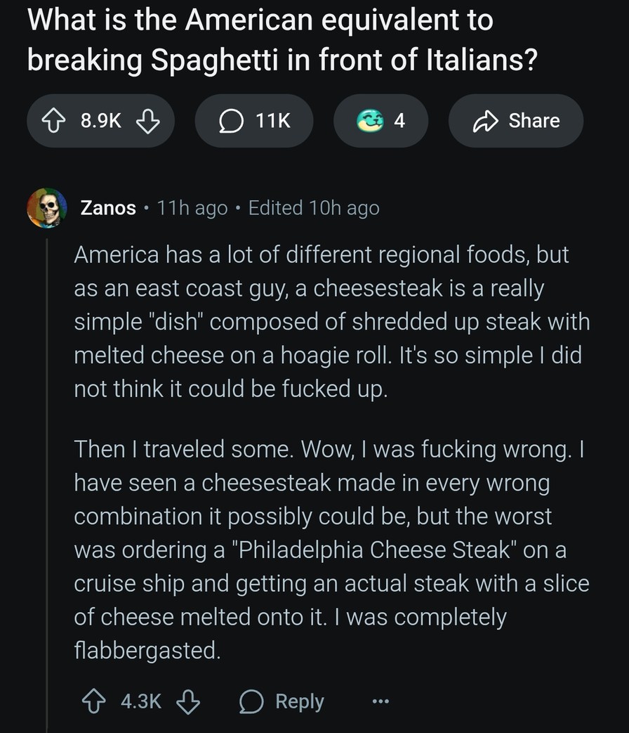 Breaking spaghetti vs ruining a Philly cheesesteak - meme