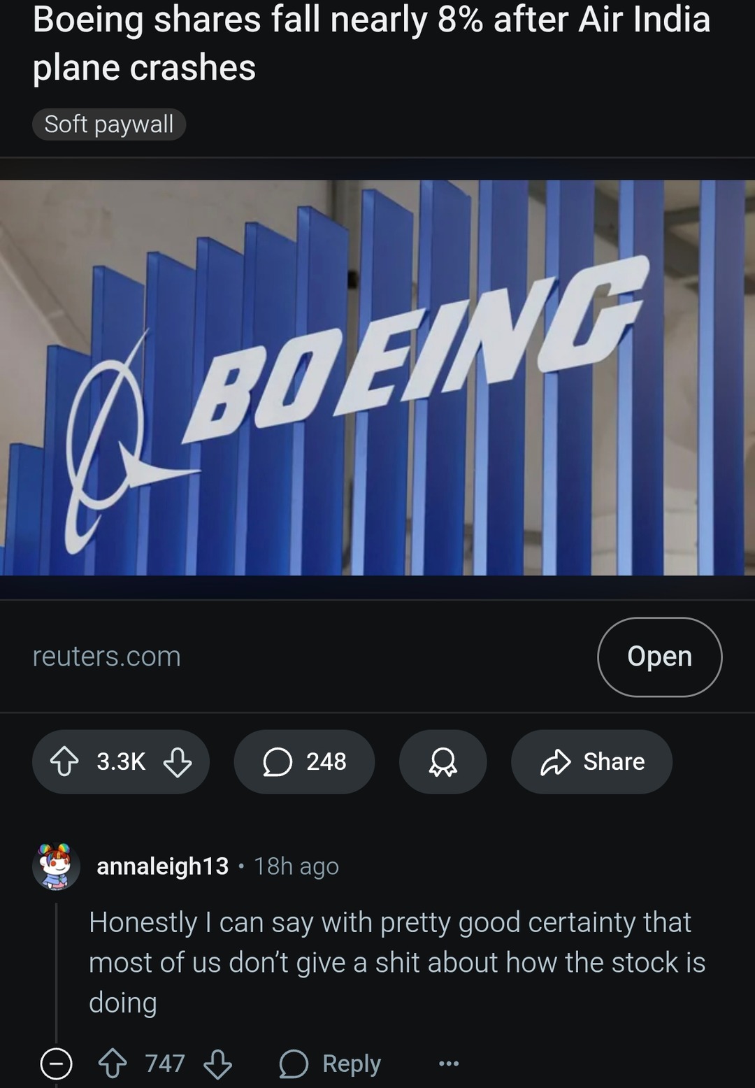 Boeing stock drops 8% after latest crash - meme