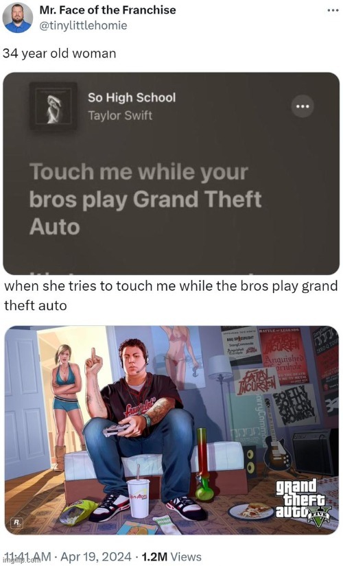 Taylor Swift: Touch me while your bros play GTA - meme