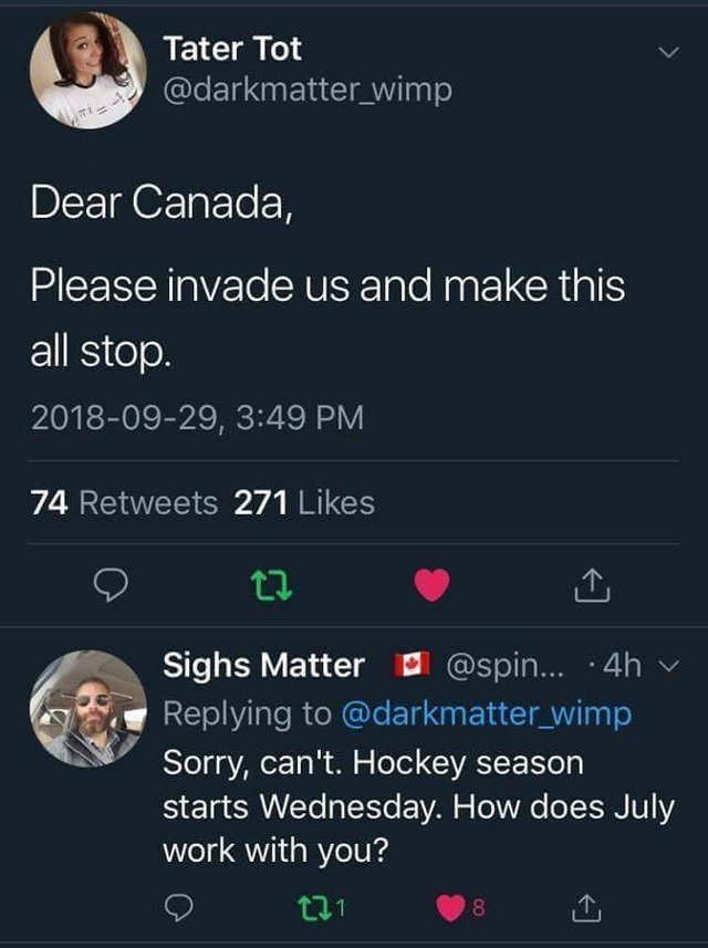 Dear Canada, please invade us and make this all stop - meme